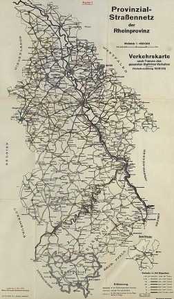 Dokument: Karte von 19128/29 mit dem Provinzial-Straßennetz der Rheinprovinz im Maßstab 1:400000 mit der Darstellung des Verkehrsaufkommens inerhalb von 24 Stunden.