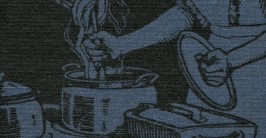Titelbild eines alten Kochbuchs mit einer kochenden Frau darauf