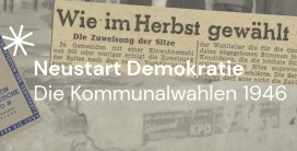 Symbolbild f&uuml;r die Beitragsreihe Neustart Demokratie: Die Kommunalwahlen 1946 auf dem Blog ArchiveRER &ndash; Mehr als nur Fu&szlig;noten. Eine Collage aus einem Foto, einem Zeitungsausschnitt und einem Mitgliedsausweis der CDU.