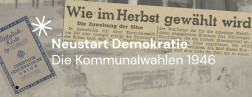 Symbolbild f&uuml;r die Beitragsreihe Neustart Demokratie: Die Kommunalwahlen 1946 auf dem Blog ArchiveRER &ndash; Mehr als nur Fu&szlig;noten. Eine Collage aus einem Foto, einem Zeitungsausschnitt und einem Mitgliedsausweis der CDU.
