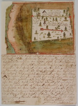 Foto: Historisches Dokument mit einer Landkarte im oberen Teil und Text im untereren Teil des Dokumentes