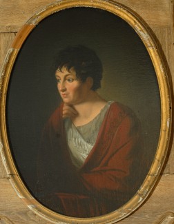Gemälde einer Frau in rotem Umhang mit einem ovalen Rahmen