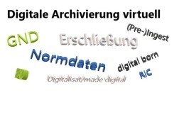 Logo: Wortwolke unter dem Titel digitale Archivierung virtuell mit den Begriffen GND, Erschließung, (Pre-)Ingest, Normdaten, digital born, EAD, Digitalisat/made digital und RiC