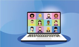 Grafik: Aufgeklappter Laptop mit mehreren menschlichen Gesichtern auf dem Bildschirm