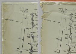 Zwei identische techhnische Zeichnungen von denen die rechte den Zustand nach der Restaurierung abbildet