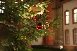 Beleuchteter Weihnachtsbaum mit goldenem und rotem Schmuck